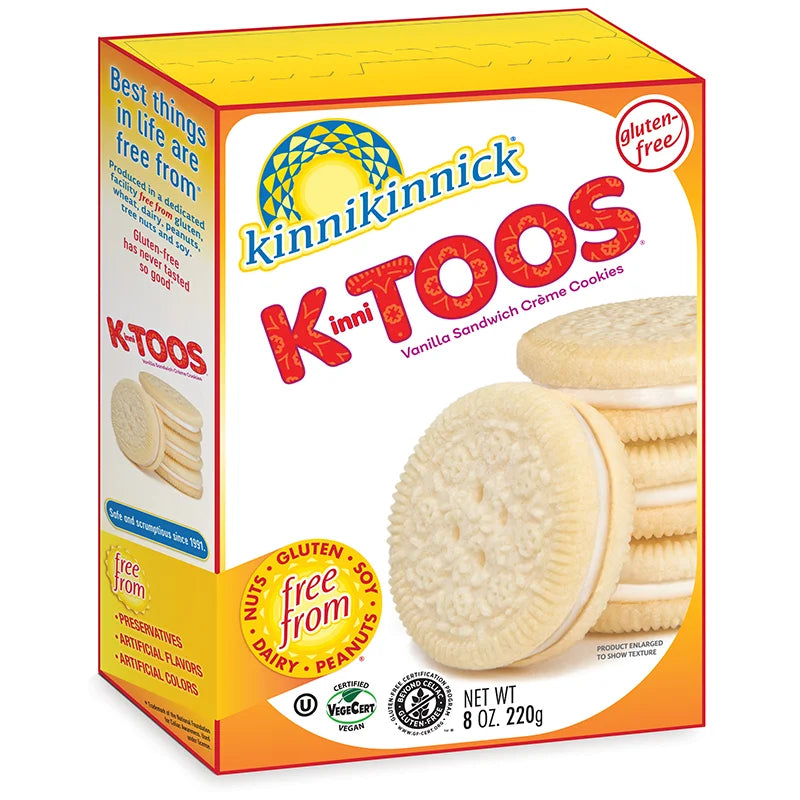 220 gram yellow and white box of Kinnikinnick KinniToos Vanilla Crème Sandwich Cookies