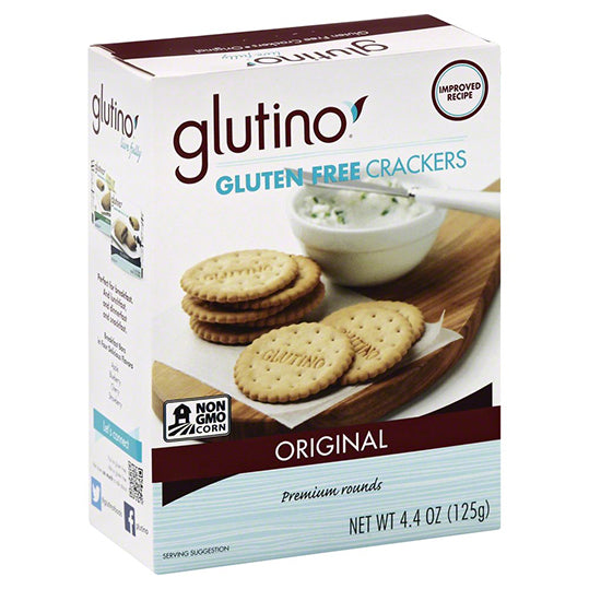 125 gram blue white and brown box of Glutino Crackers - Original