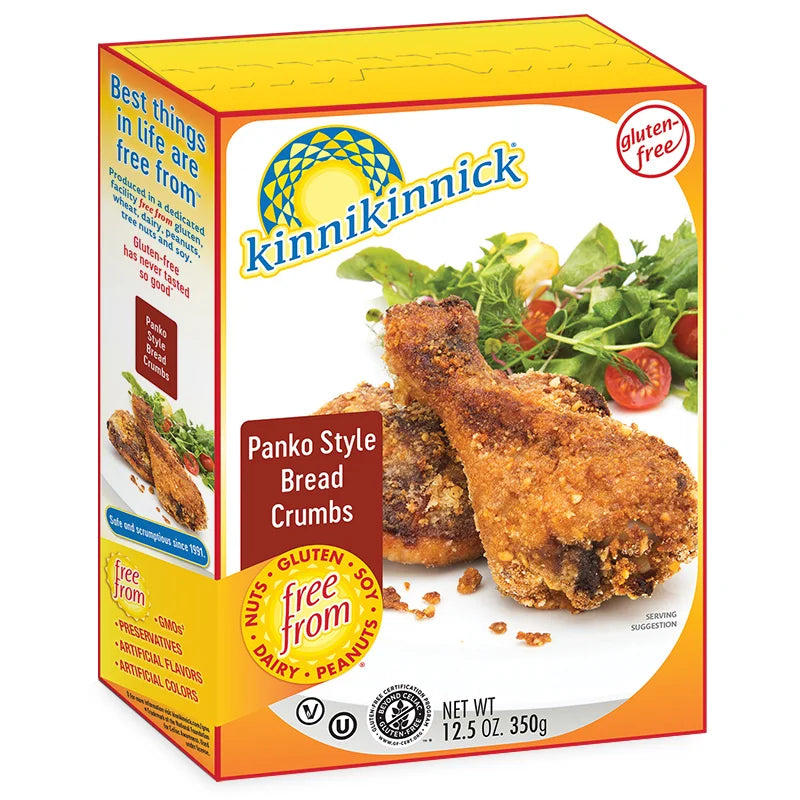 350 gram yellow and white box of Kinnikinnick Bread Crumbs Panko Style
