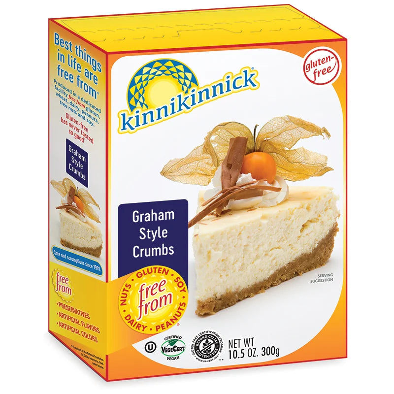 300 gram yellow and white box of Kinnikinnick Graham Style Crumbs