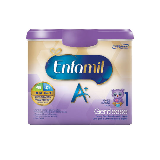 Enfamil A+ Gentlease, purple and yellow tub, purple plastic lid, 629g.