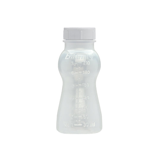 Mead Johnson Nutrition - Enfamil Ready-to-Use 8oz Bottle with Cap, clear packaging with line marks for mL, white cap.