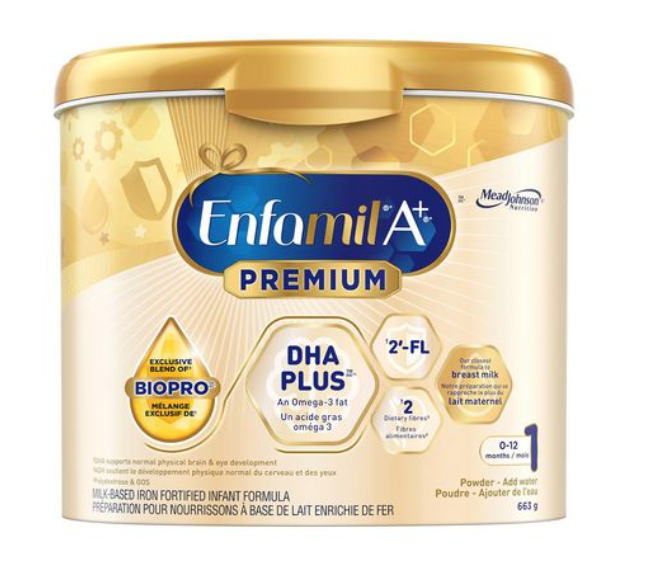 Enfamil A+ premium powder tub, yellow/gold packaging, closeable top, 663g.
