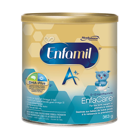 Enfamil A+ Enfacare can, blue and yellow, yellow plastic lid, 363g.