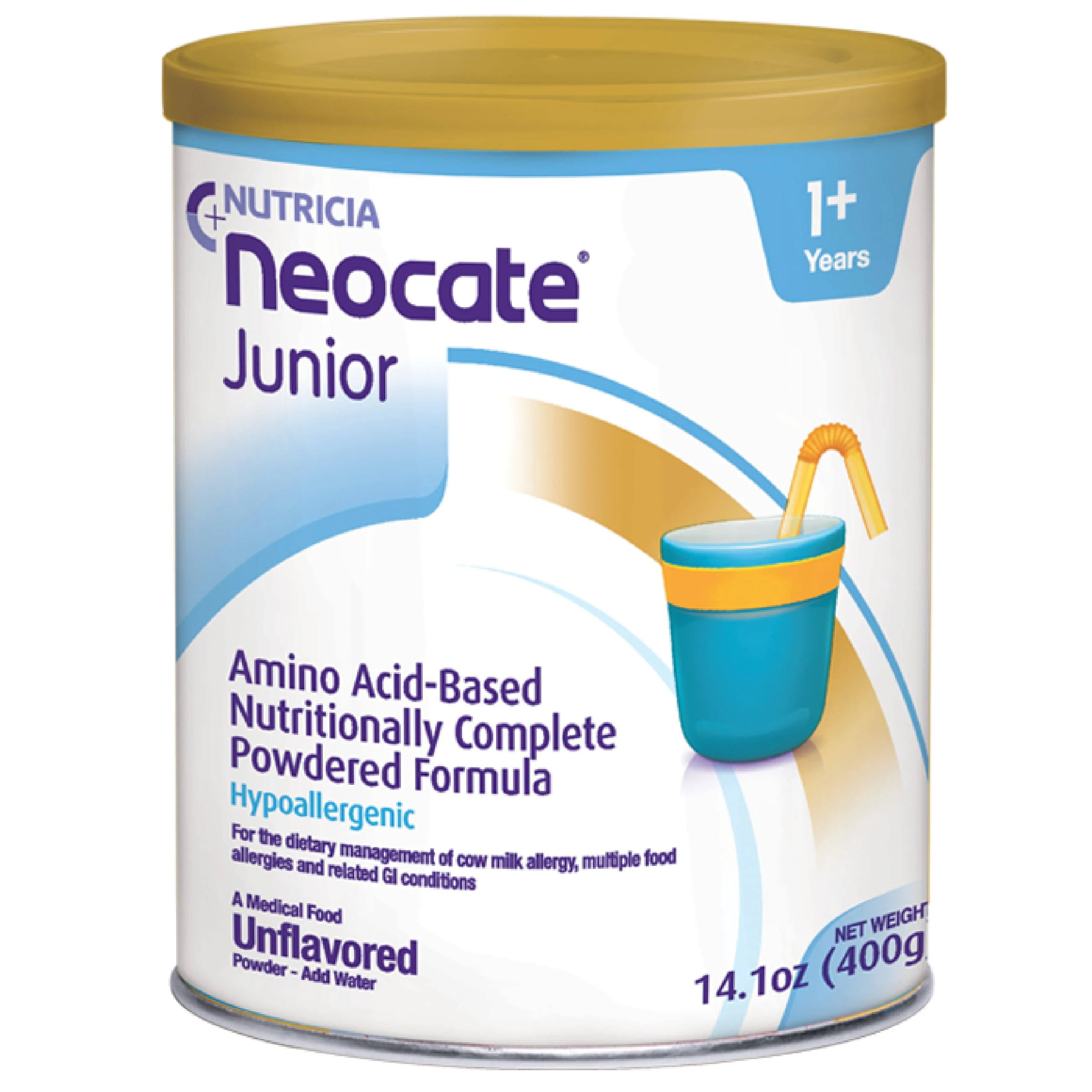 400 gram blue & white can of neocate junior unflavoured formula.