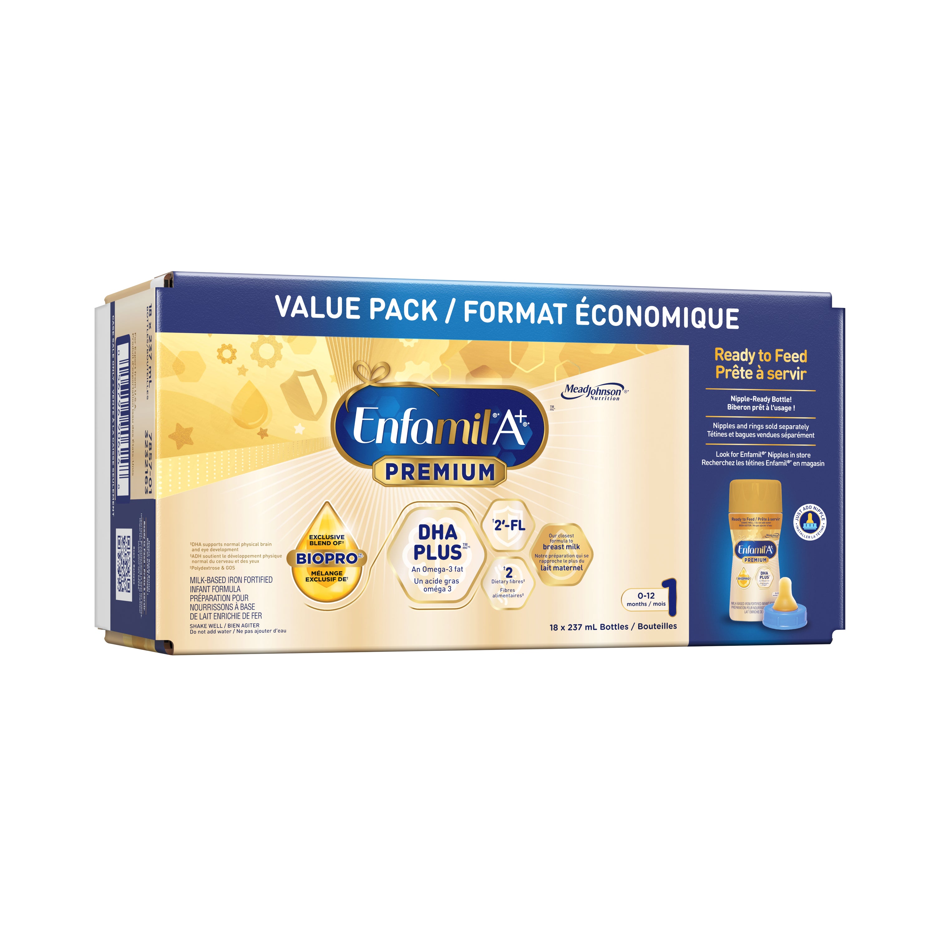Enfamil A+ Premium ready to feed, yellow and gold packaging, 18 units per box, 257 mL bottles.