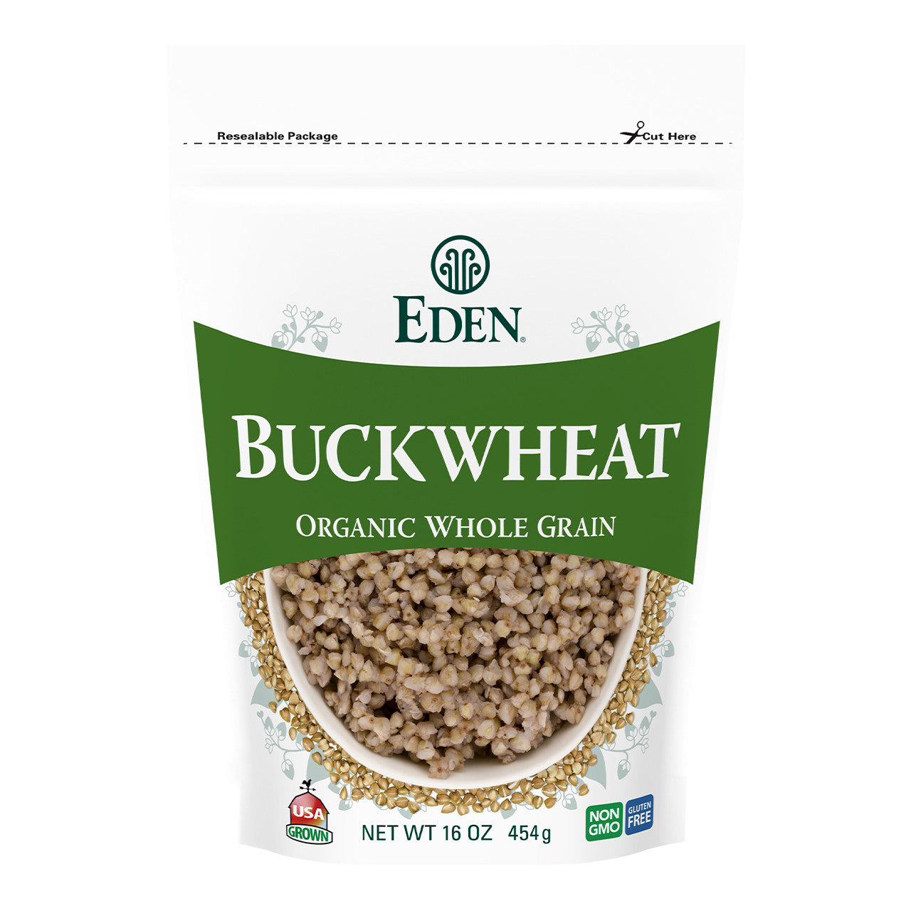 454 gram green & white bag of Eden Buckwheat organic wholegrain