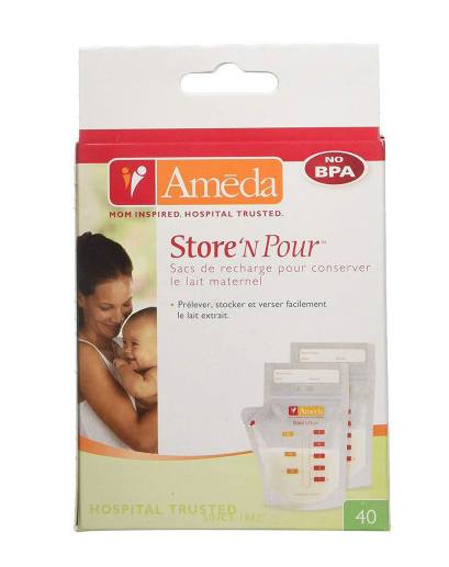 Ameda Store 'n Pour refill pack box, white, green, and red packaging, orange Ameda logo.