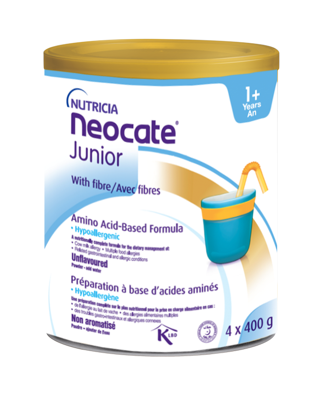 400 gram blue & white can of neocate junior formula unflavoured with fibre  