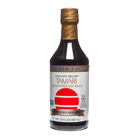 592 mL white and red bottle of San-J Tamari Reduced Sodium Soy Sauce