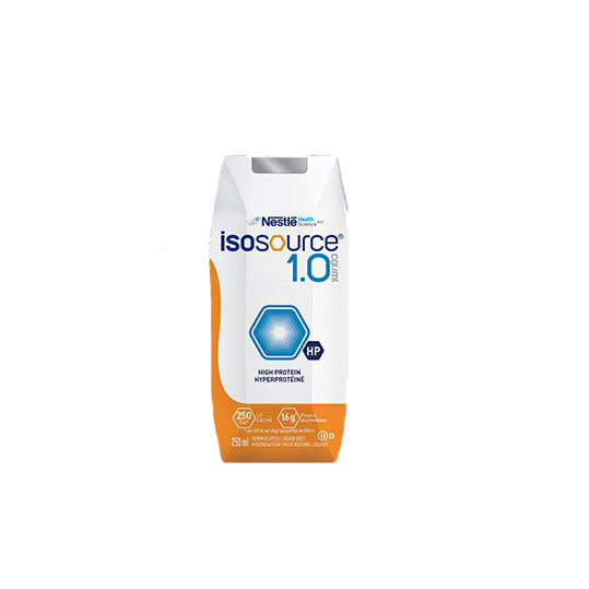 white and orange 250ml bottle of isosource formula 1.0 calories per milliliter.