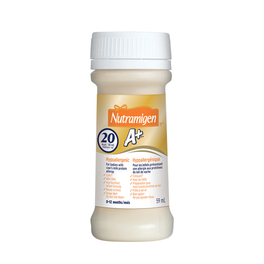 Nutramigen A+ nursettes, gold and white packaging, 59mL per bottle.