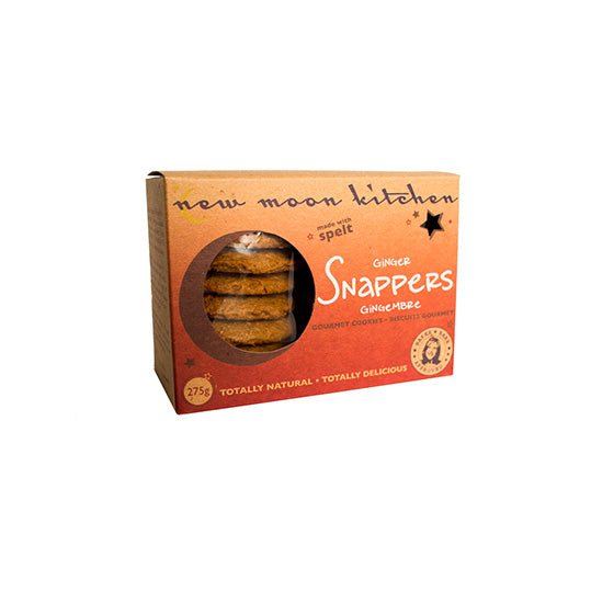 275 gram orange box of New Moon Kitchen Cookie Box Ginger Snappers
