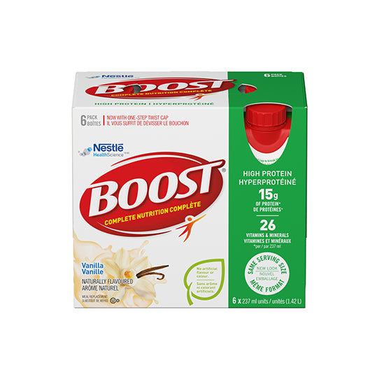 Boost high protein, vanilla, 24 units of 237mL bottles, with resealable cap, green packaging.
