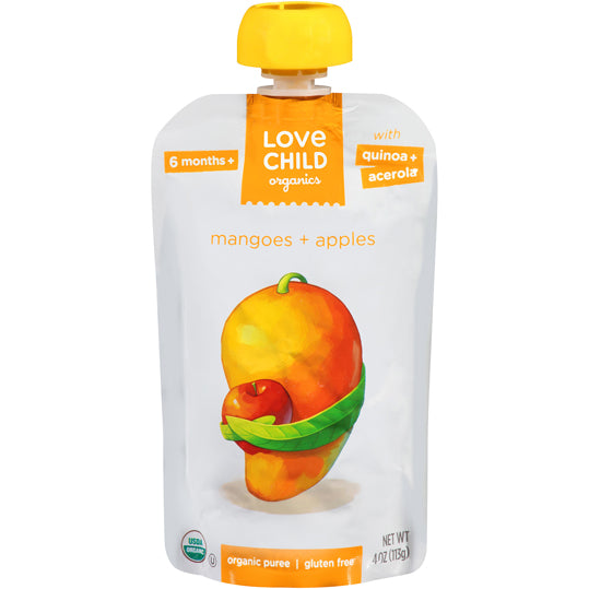 Love Child Organics, mangoes and apple puree, white and yellow packaging, yellow resealable twist off cap, 113g.
