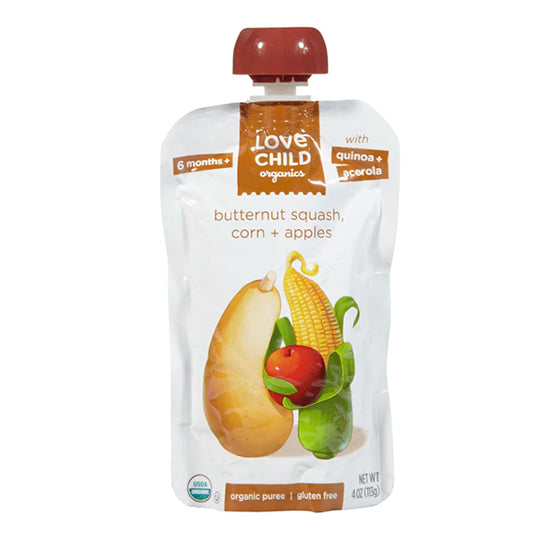 Love Child Organics, butternut squash, corn, and apples puree, white and brown packaging, brown resealable twist off cap, 113g.