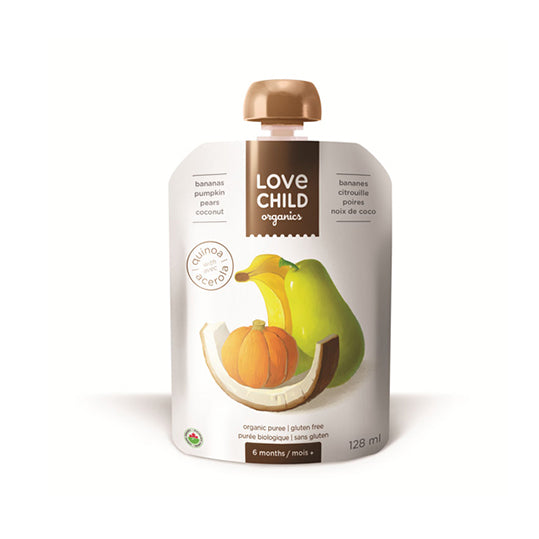 Love Child Organics, banana, pumpkin, pears and coconut puree, white and brown packaging, brown resealable twist off cap. 128mL.