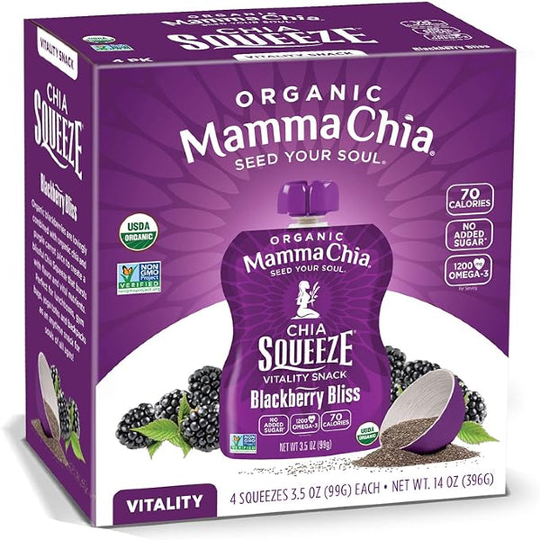 Mamma Chia Blackberry Bliss box, 4 of the 99g squeezable pouches, purple packaging,