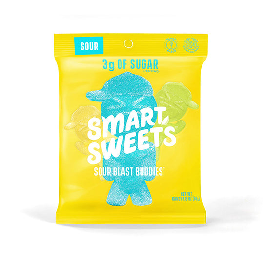 50 gram yellow and blue bag of Smart Sweets Sour Blast Buddies