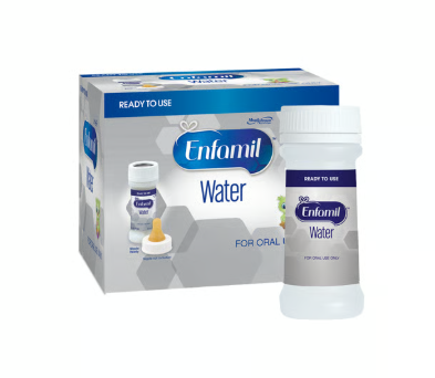 Enfamil water packaging and bottle on a white background.
