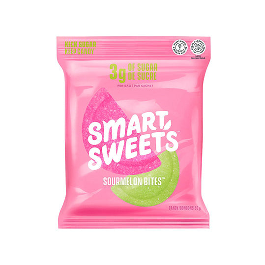 50 gram pink and green bag of Smart Sweets Sourmelon Bites