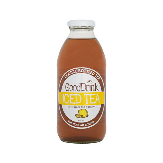 473 mL yellow and white bottle of GoodDrink Iced Tea with Lemon