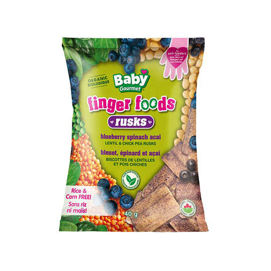 baby gourmet organic finger foods, lentil and chick pea rusks, blueberry spinach acai, green packaging with fruits, vegetables, and grains pictured, 40g per bag.