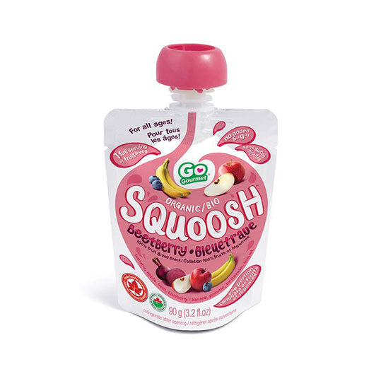 Baby Gourmet Squoosh, organic beetberry, white and pink packaging, resealable pink twist off cap, four 90g pouches.
