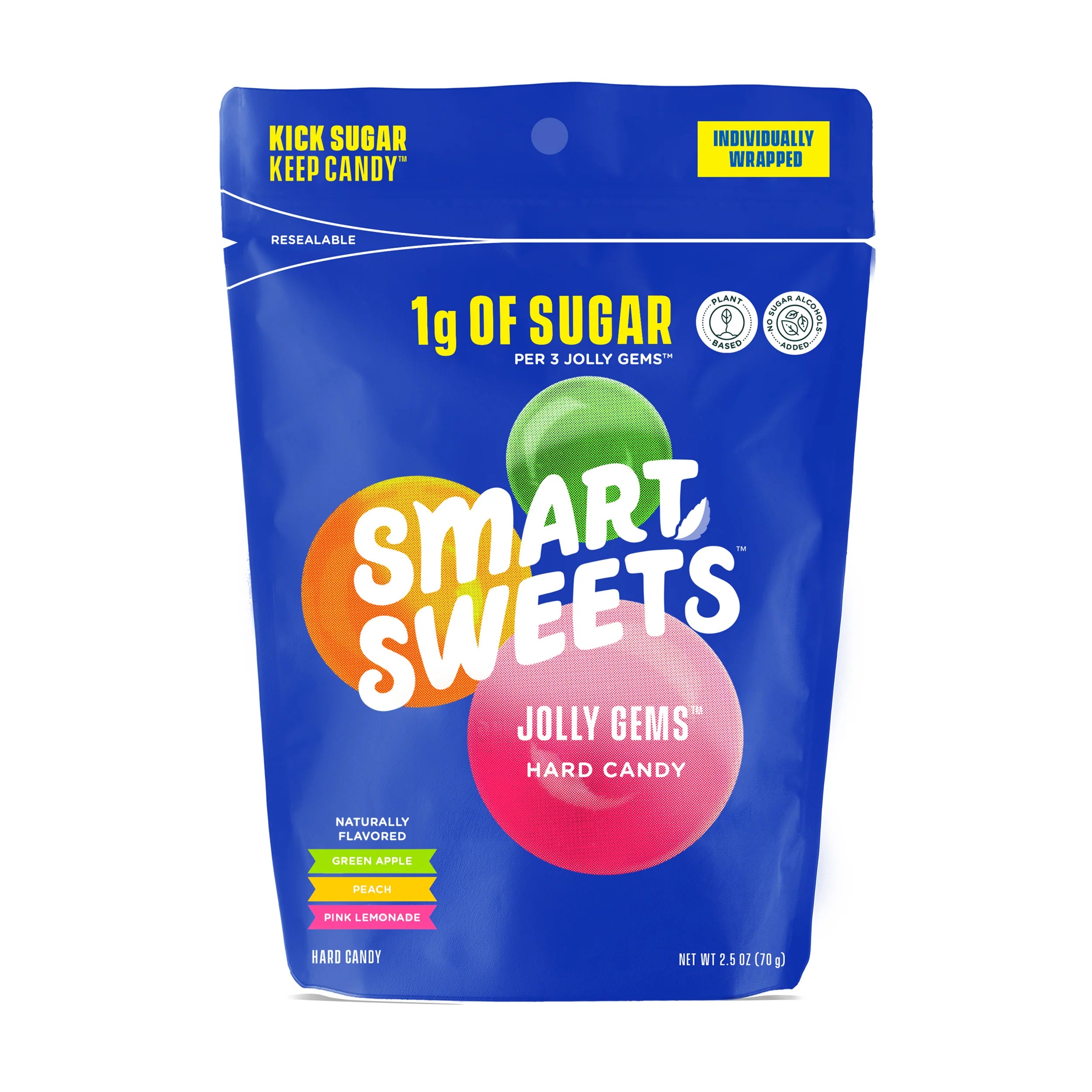 70 gram blue and yellow bag of Smart Sweets Jolly Gems