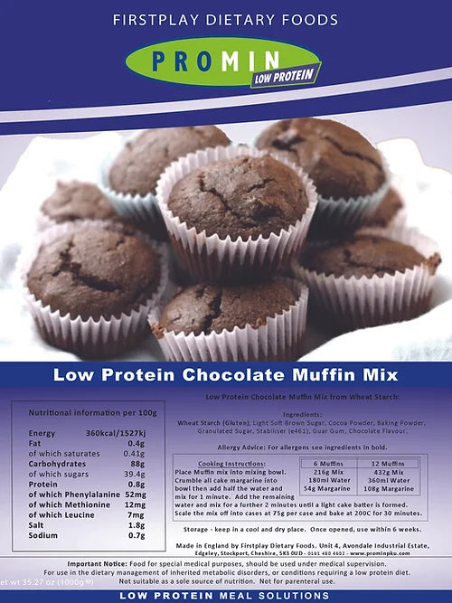 1000 gram blue purple and brown package of Promin Chocolate Muffin Mix