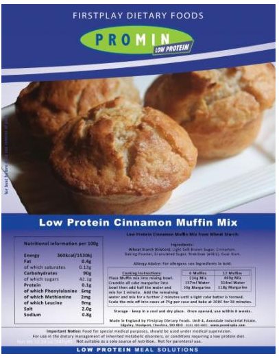 1000 gram blue brown and green package of Promin Cinnamon Muffin Mix