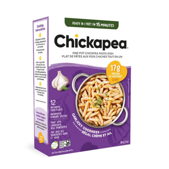 Purple & white 298 gram box of one pot garlicky goodness chickapea pasta