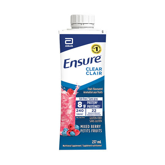 237 ml bottle of Ensure Clear Mixed Berry.