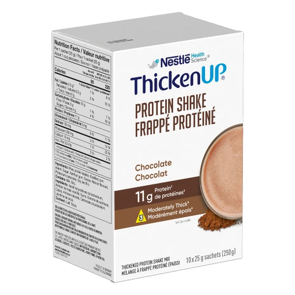 Resource Thicken Up Protein Shake Chocolate, 10 sachets, 25 grams each, brown packaging.