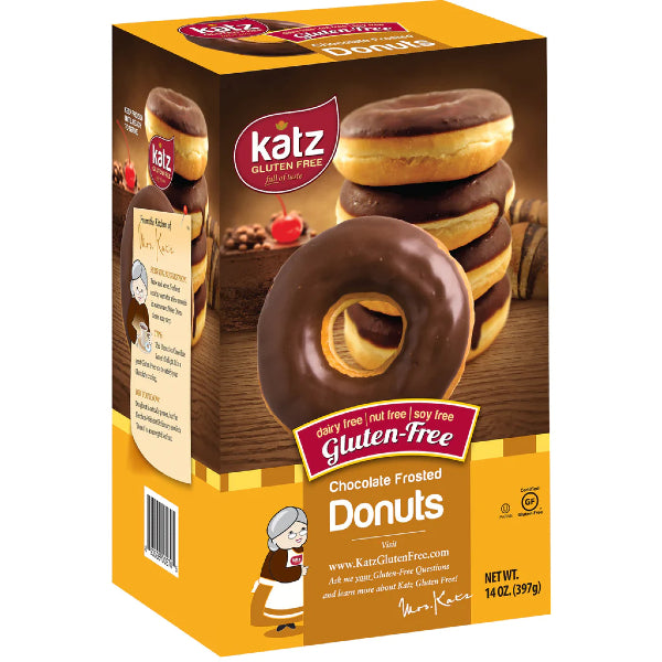 397 gram package of Katz Chocolate Frosted Donuts.