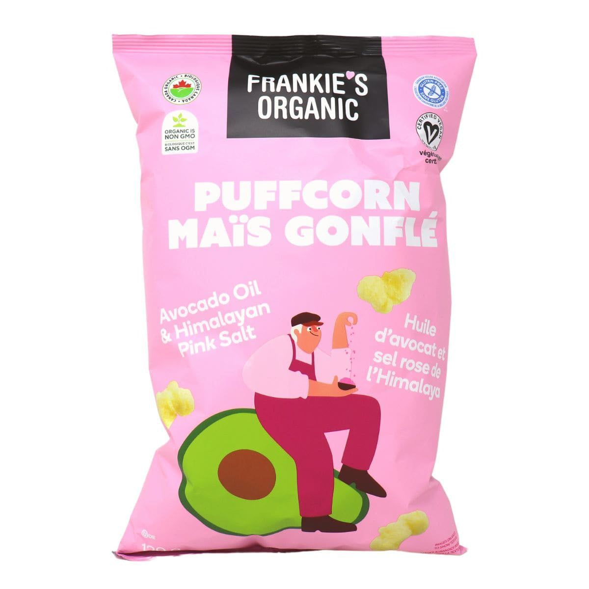 Light pink package of Frankie's Organic Avocado Oil & Himalayan Pink Salt Puffcorn.