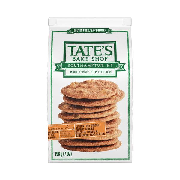 Tate's Bake Shop Ginger Zinger Cookies, gluten-free, 198g, green and white packaging.