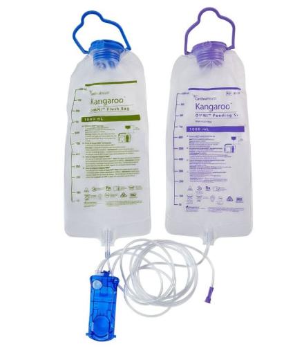 Purple, blue and clear 1000mL flush & feed feeding bag with blue cartridge ENFIT end.