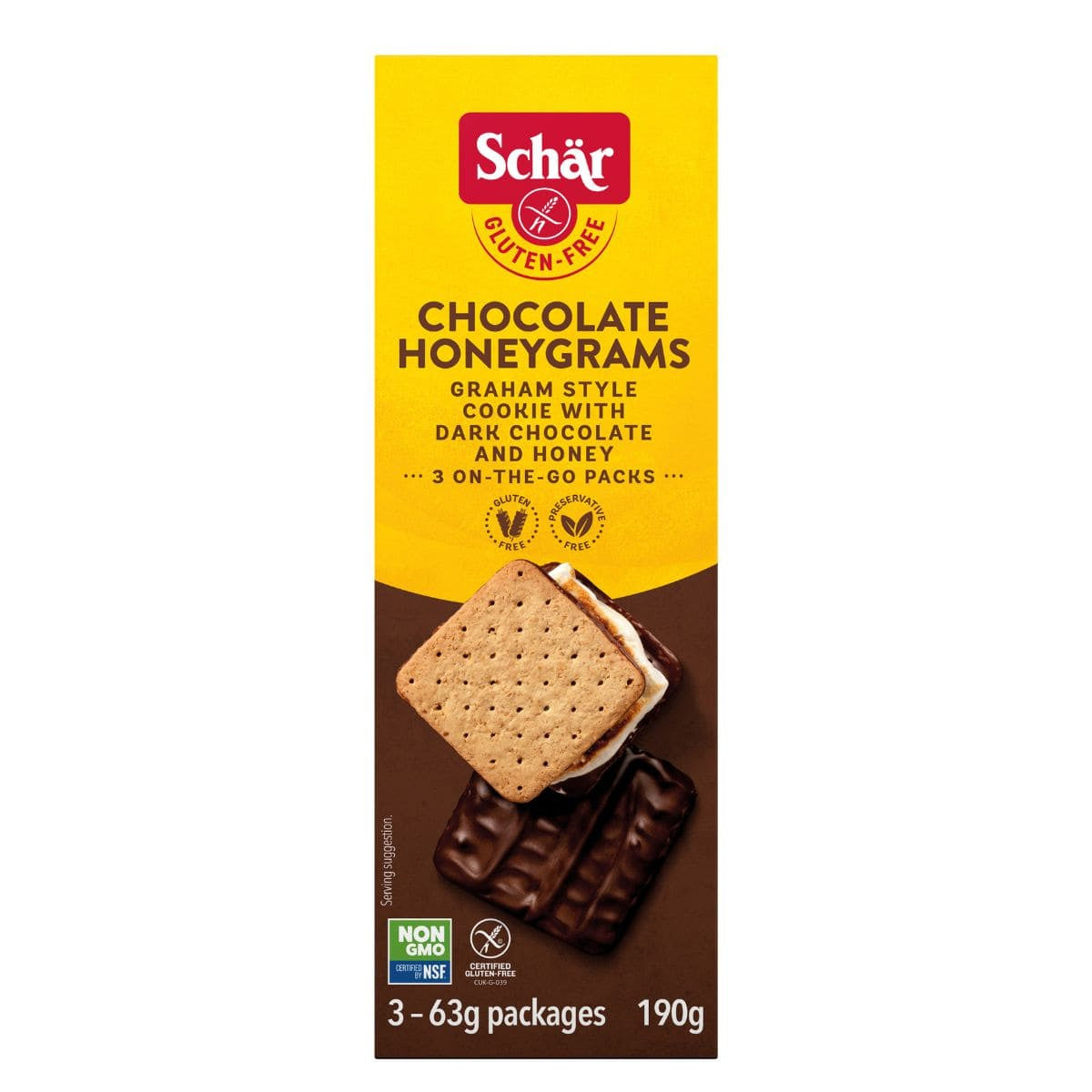 190 gram brown and yellow box of Schar Chocolaty Dipped Cookies