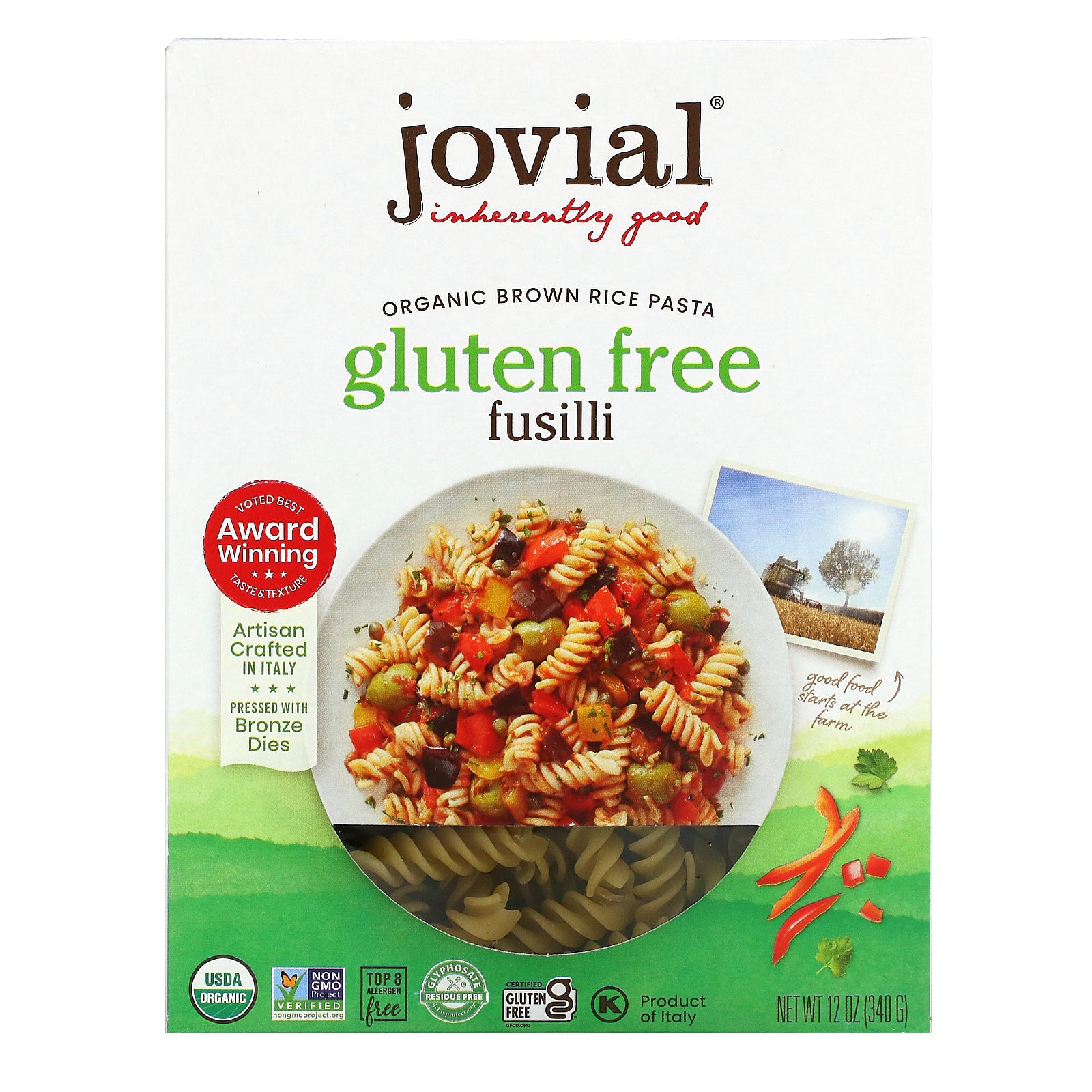 340 gram box of brown rice gluten free fusilli pasta