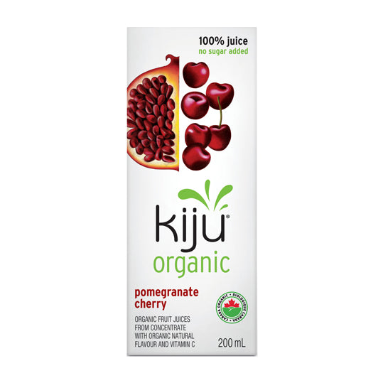 200 mL red white and green box of Kiju Organic Pomegranate Cherry Juice