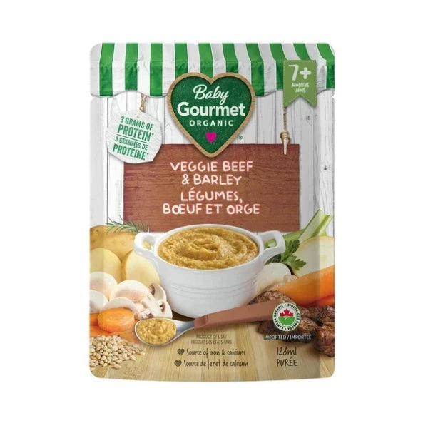 Baby Gourmet Veggie Beef and Barley meal, 128mL puree.