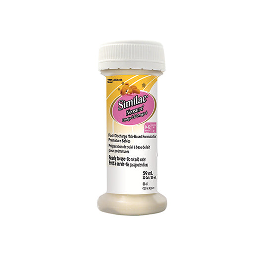 Similac Neosure Ready to Feed, pink and yellow packaging, 59mL per bottle.