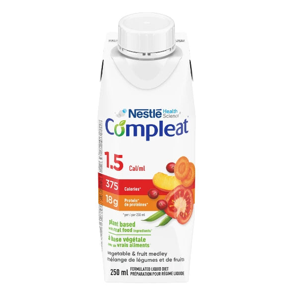 Nestle Health Science Compleat 1.5 calories, 250mL, red and orange packaging.
