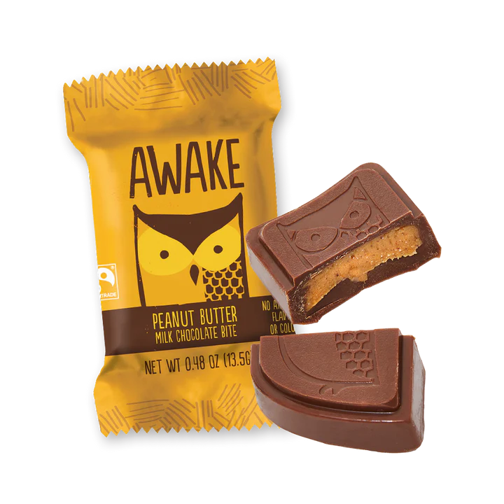 13.5 gram package of Awake Peanut Butter Milk Chocolate Bite.