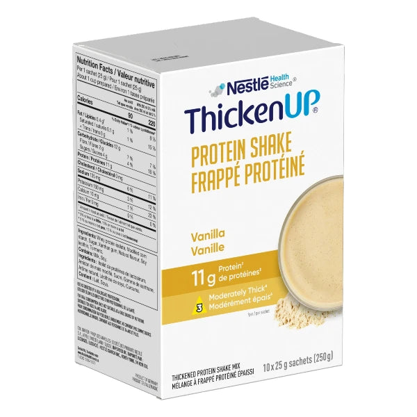 Nestle Thicken Up Protein Shake Vanilla, 10 sachets of 25g each, yellow packaging.