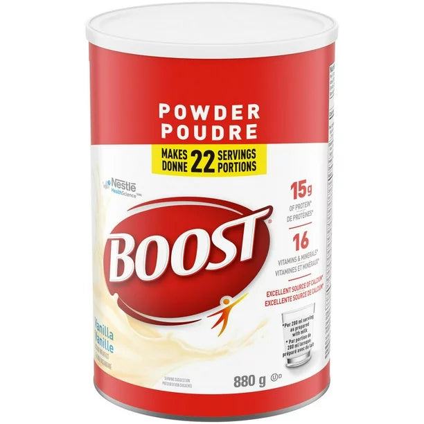 Boost vanilla powder can, 880g per can, red packaging.