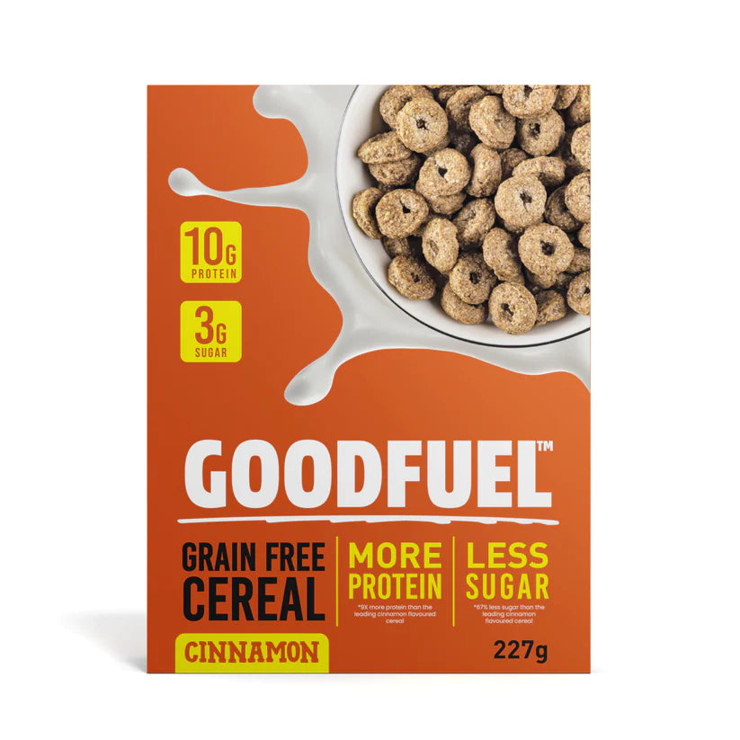 227 gram box of Goodfuel Cinnamon Cereal.