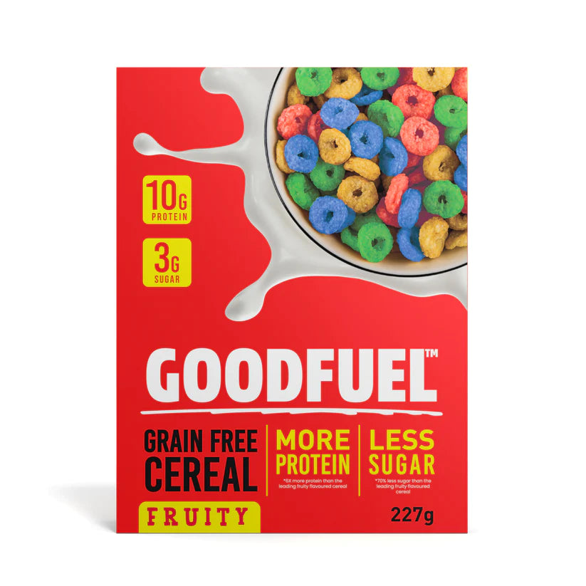 227 gram box of Goodfuel Fruity Cereal.