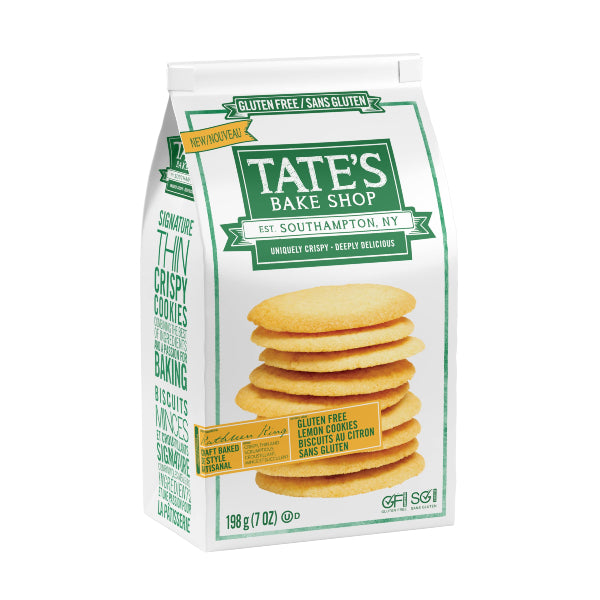 Tate's Bake Shop Lemon Cookies, gluten-free, 198g, green and white packaging.